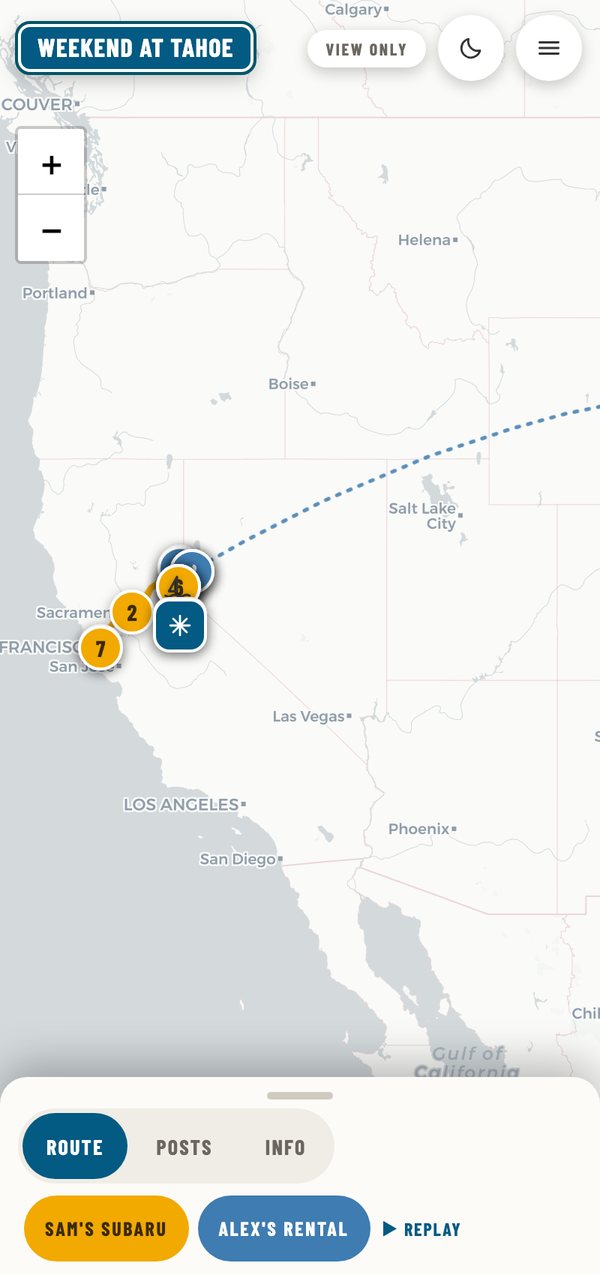 A live trip on the map — four friends converging on Lake Tahoe by car and by plane